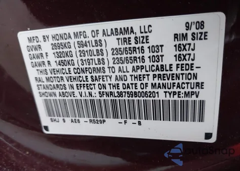 2009 Honda Odyssey Ex-L z USA, uszkodzony, nr VIN 5FNRL38759B006201